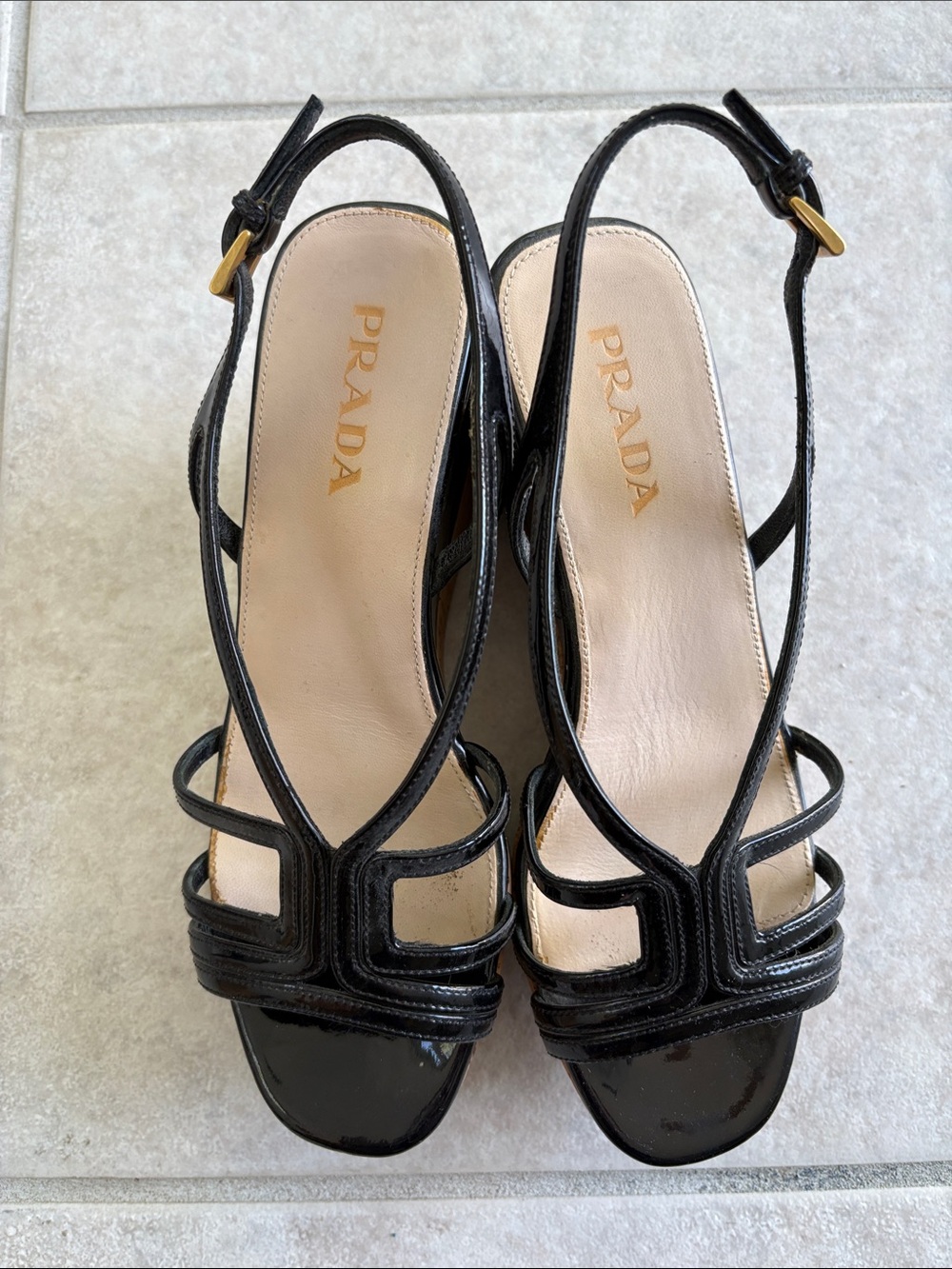 Prada Black Patent Leather Strappy Slingback Sandals-35